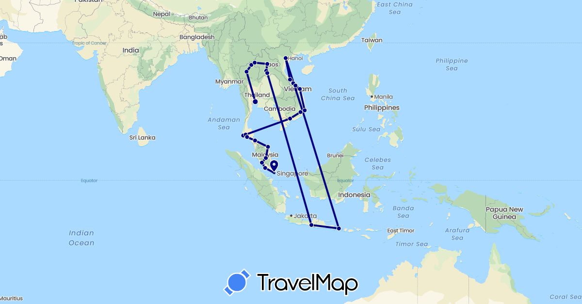 TravelMap itinerary: driving in Indonesia, Laos, Malaysia, Singapore, Thailand, Vietnam (Asia)
